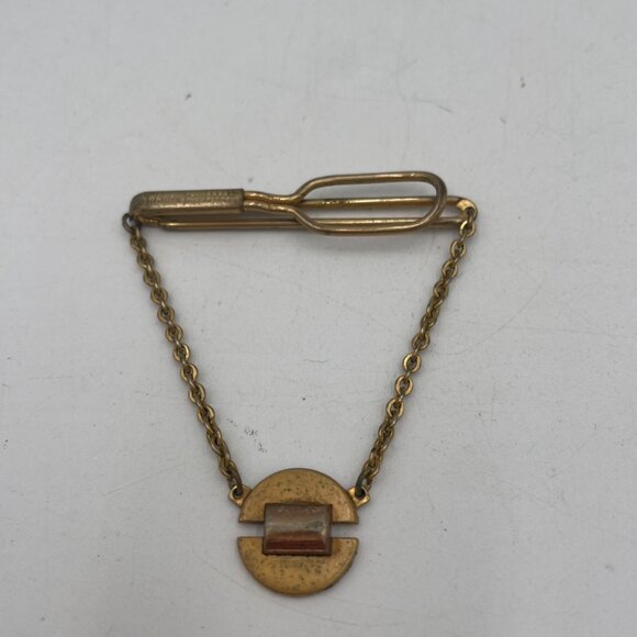 Vintage Swank Gold-Tone Tie Bar With Chain & Geometric Pendant - Picture 1 of 5